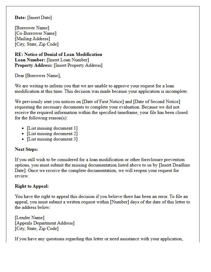 Incomplete Documentation Loan Modification Denial Letter