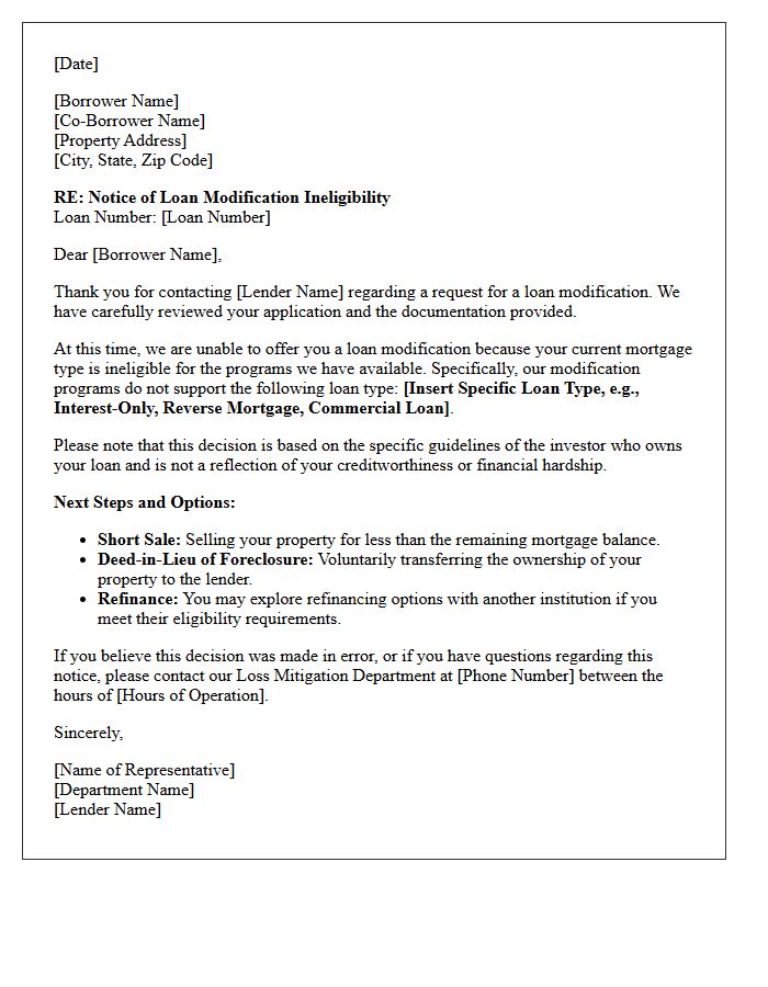 Ineligible Mortgage Type Loan Modification Denial Letter