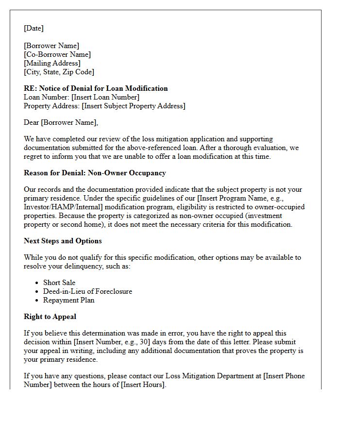 Non-Owner Occupied Property Loan Modification Denial Letter