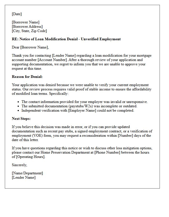 Unverified Employment Loan Modification Denial Letter