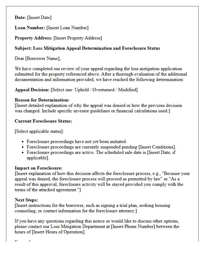 Loss Mitigation Appeal Determination and Foreclosure Status Letter