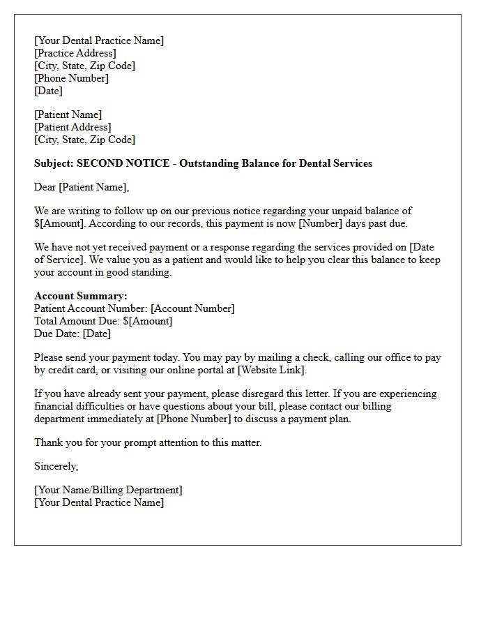 Outstanding Dental Debt Second Notice Letter
