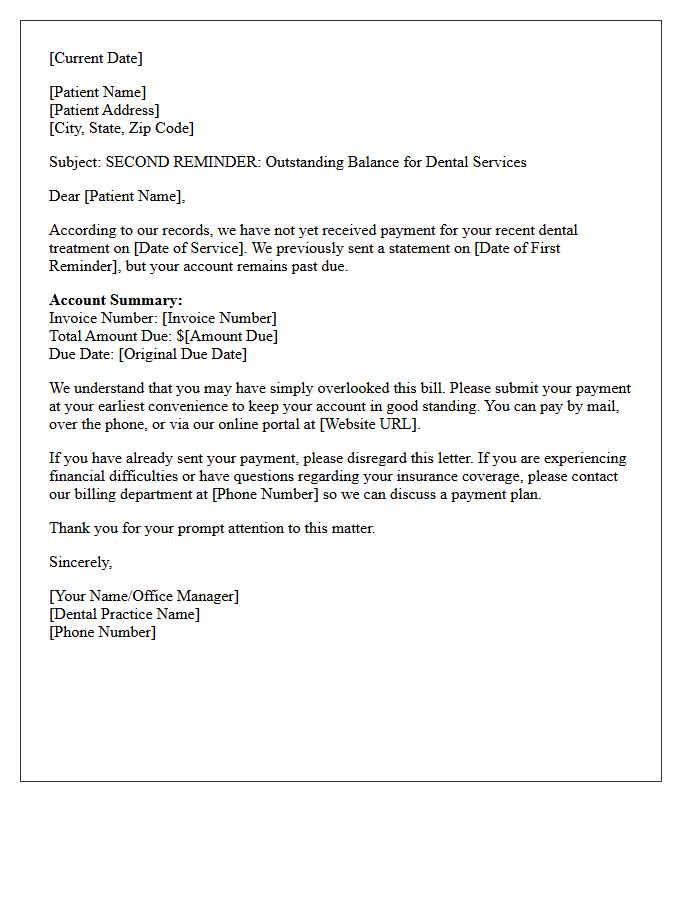 Second Payment Reminder Letter for Dental Services