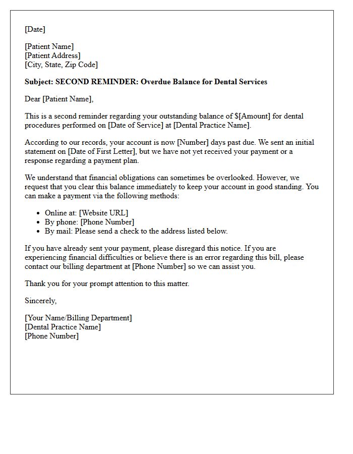 Second Reminder Letter Regarding Unpaid Dental Procedures