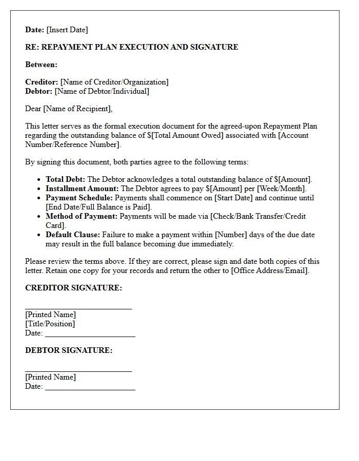 Repayment Plan Execution And Signature Letter