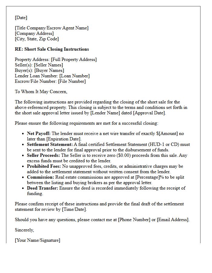 Short Sale Closing Instructions Letter