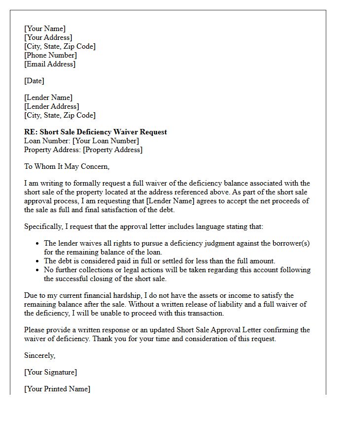 Short Sale Deficiency Waiver Letter