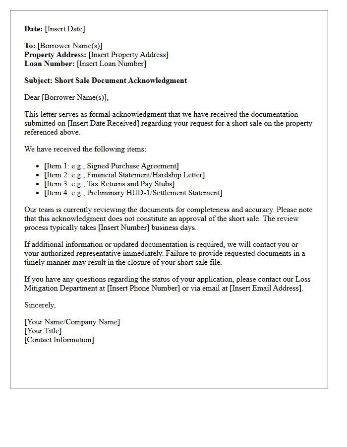 Short Sale Document Acknowledgment Letter