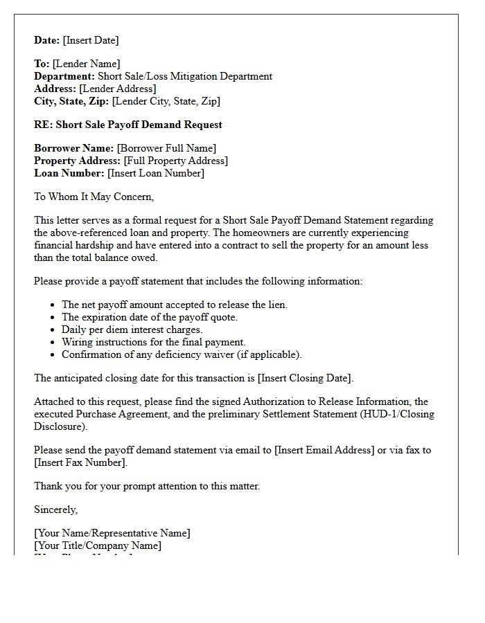 Short Sale Payoff Demand Letter