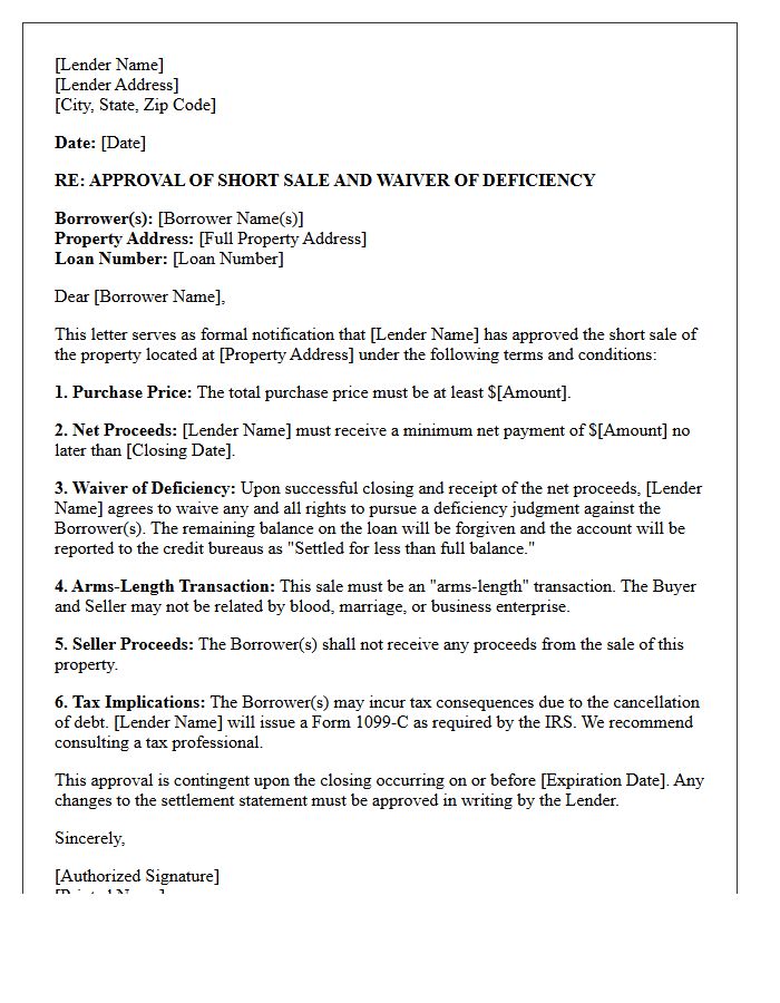 Approval Letter for Short Sale and Deficiency Waiver