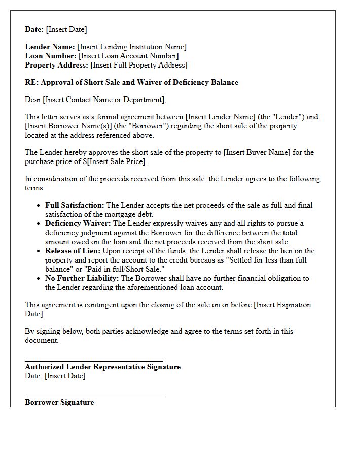 Deficiency Forgiveness and Short Sale Agreement Letter