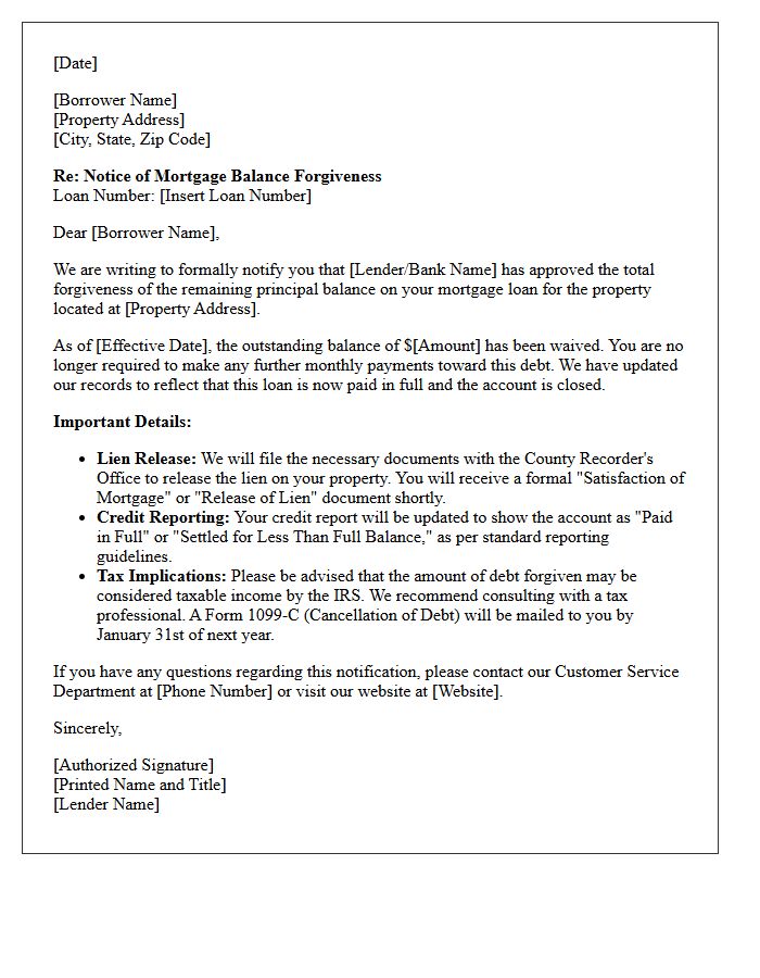 Mortgage Balance Forgiveness Notification Letter
