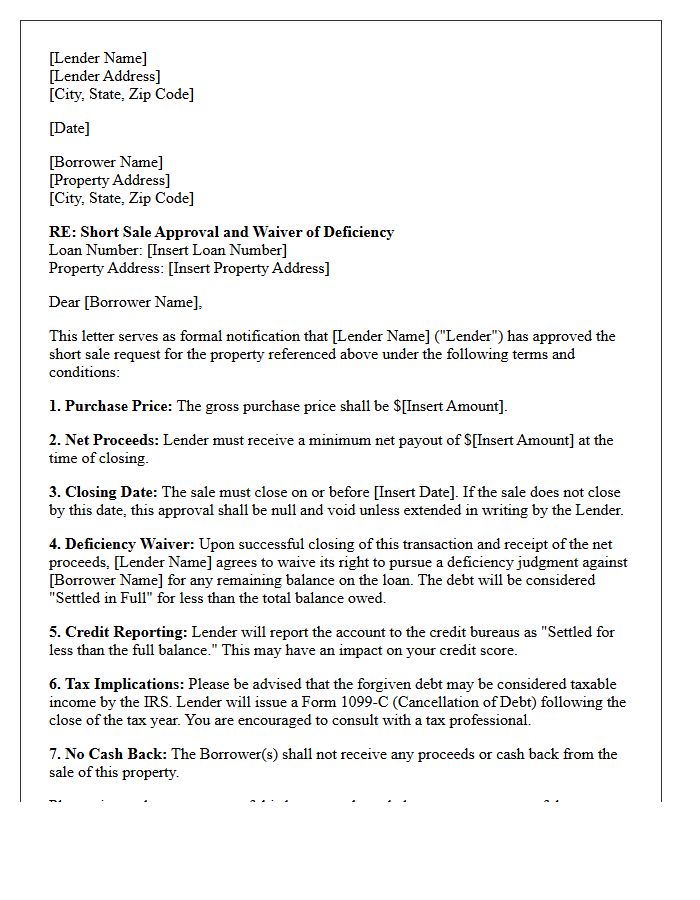 Mortgage Short Sale Approval and Deficiency Waiver Letter