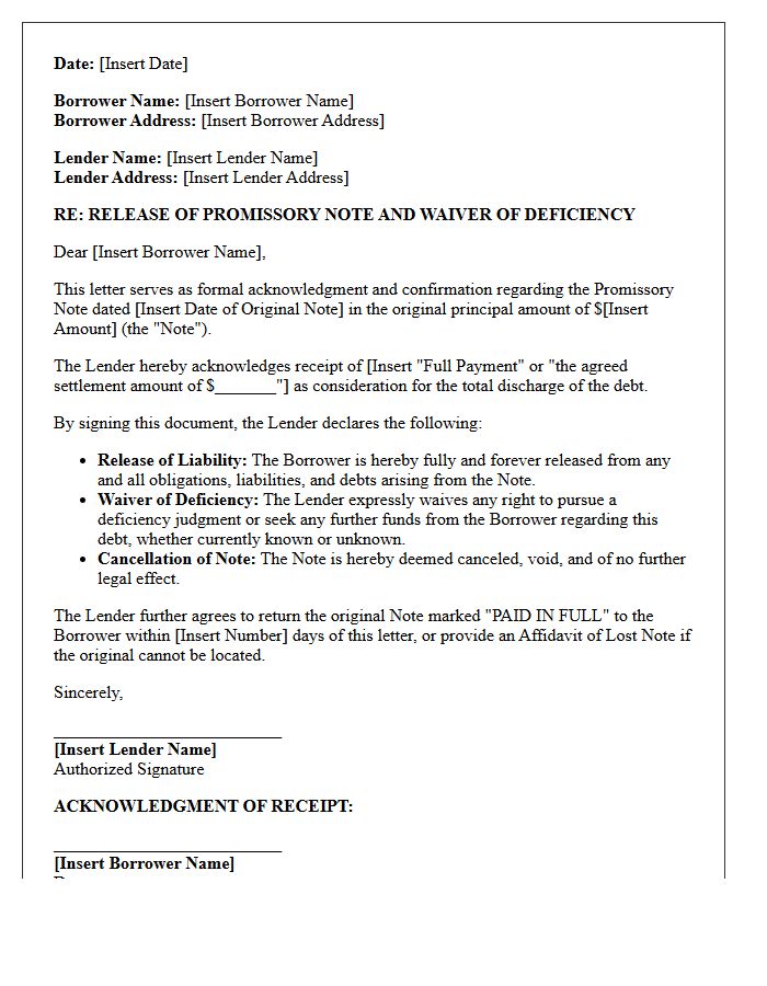 Promissory Note Release and Deficiency Waiver Letter