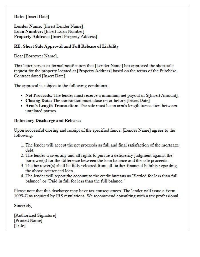 Short Sale Acceptance and Deficiency Discharge Letter