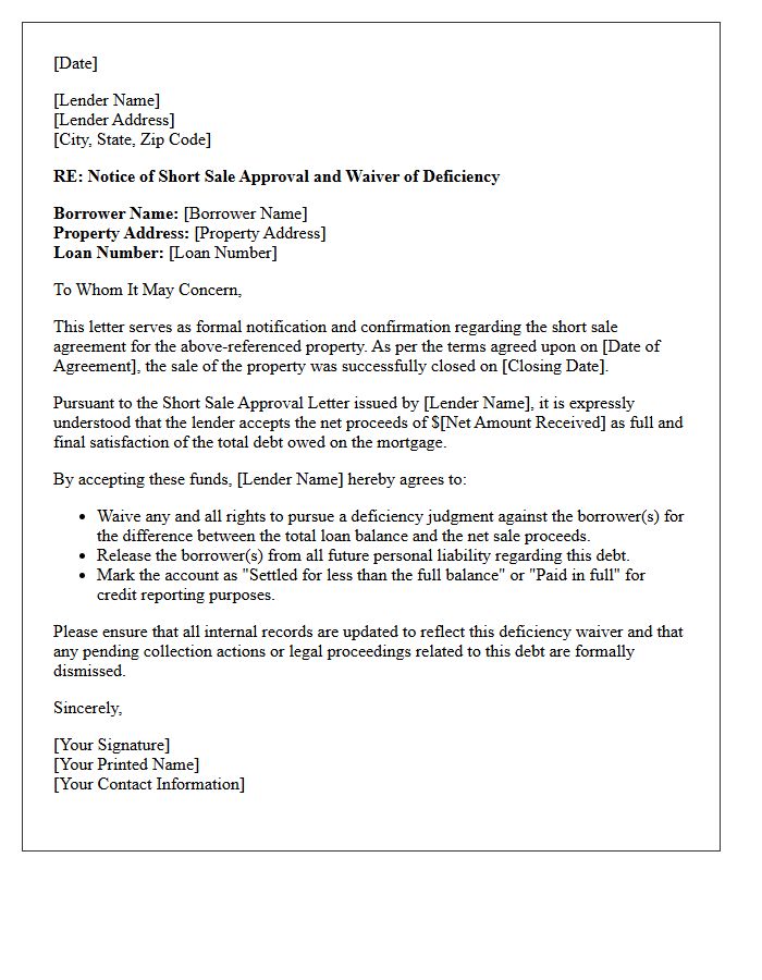 Short Sale Deficiency Waiver Notice Letter