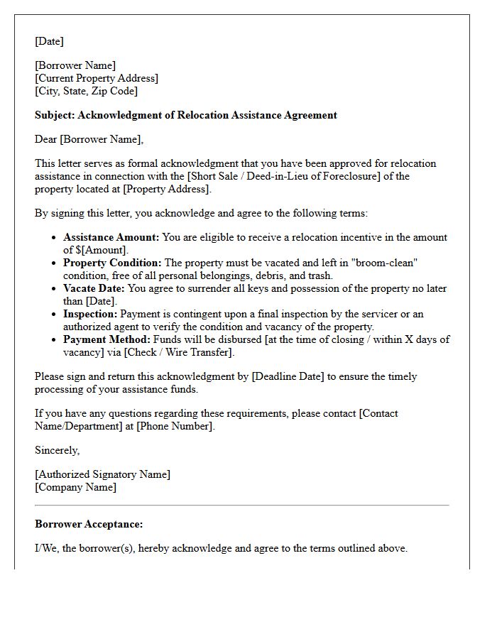 Borrower Relocation Assistance Acknowledgment Letter