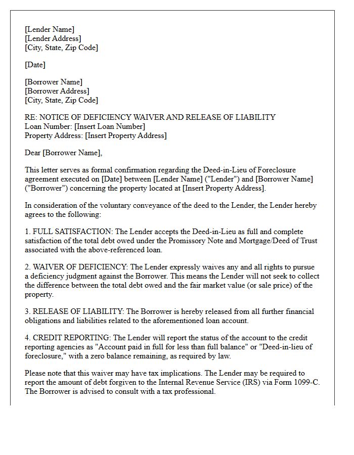 Deed-in-Lieu Deficiency Waiver and Release Letter