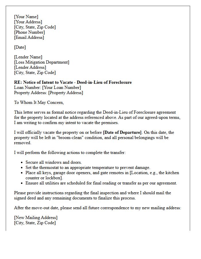 Deed-in-Lieu Intent to Vacate Notice Letter