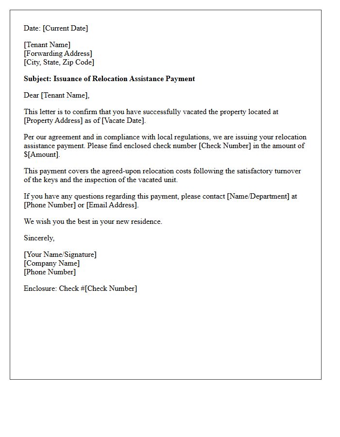 Post-Vacate Relocation Check Issuance Letter