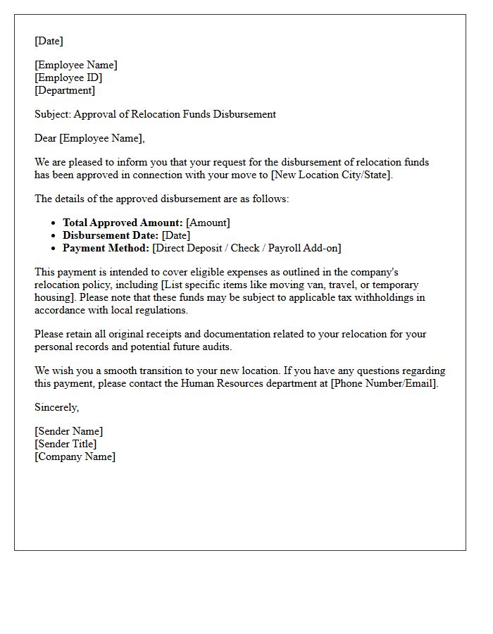 Relocation Funds Disbursement Approval Letter