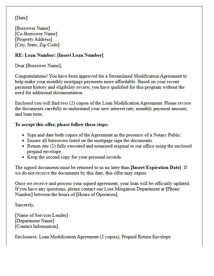 Streamlined Modification Agreement Cover Letter