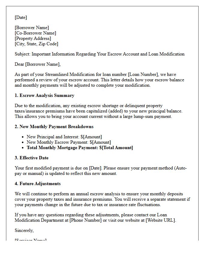 Streamlined Modification Escrow Account Adjustment Letter