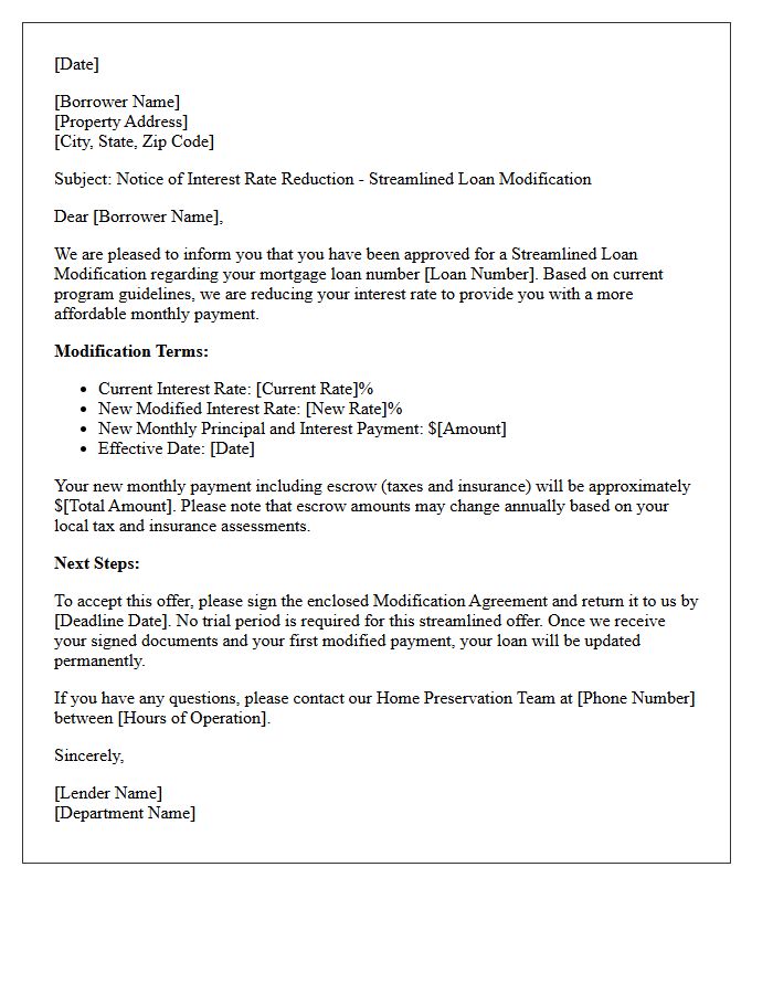 Streamlined Modification Interest Rate Reduction Letter