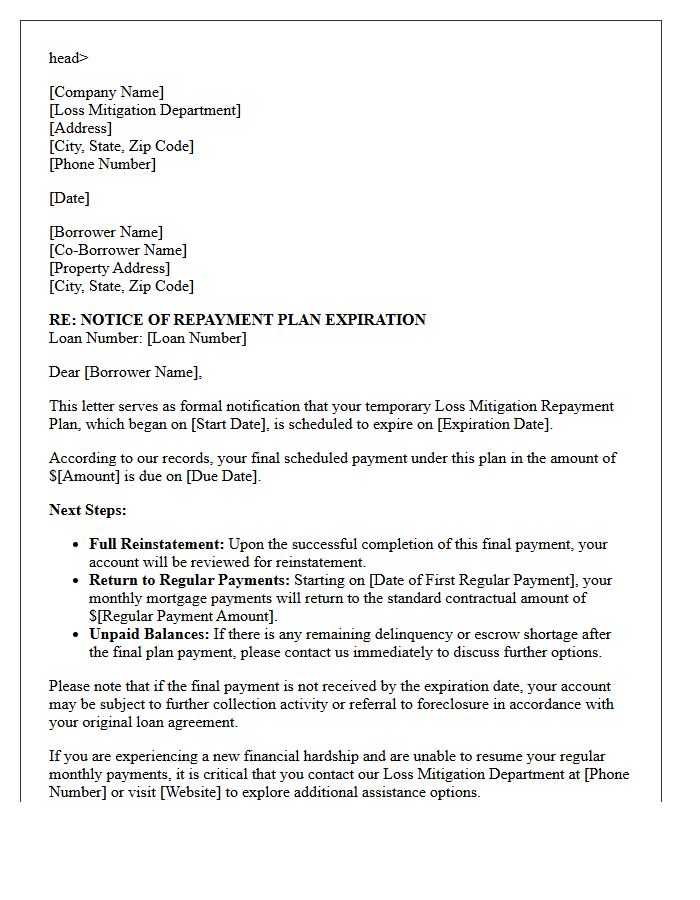 Loss Mitigation Repayment Plan Expiration Letter
