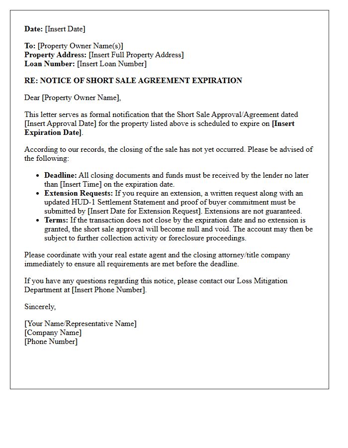 Short Sale Agreement Expiration Notice Letter