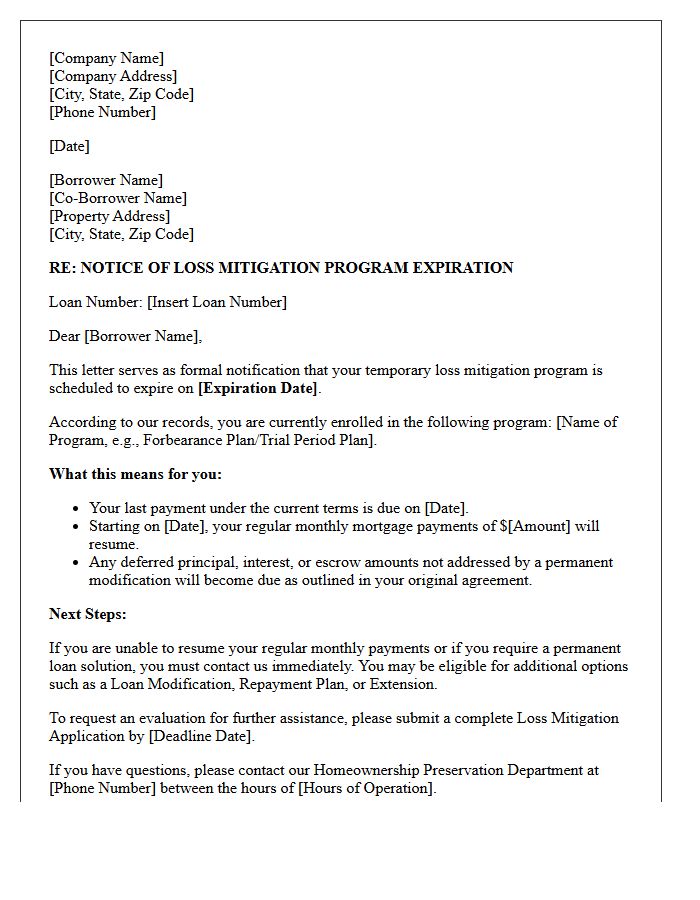 Standard Notice of Loss Mitigation Program Expiration Letter