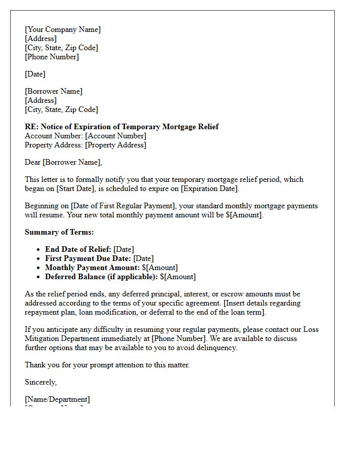 Temporary Mortgage Relief Expiration Letter