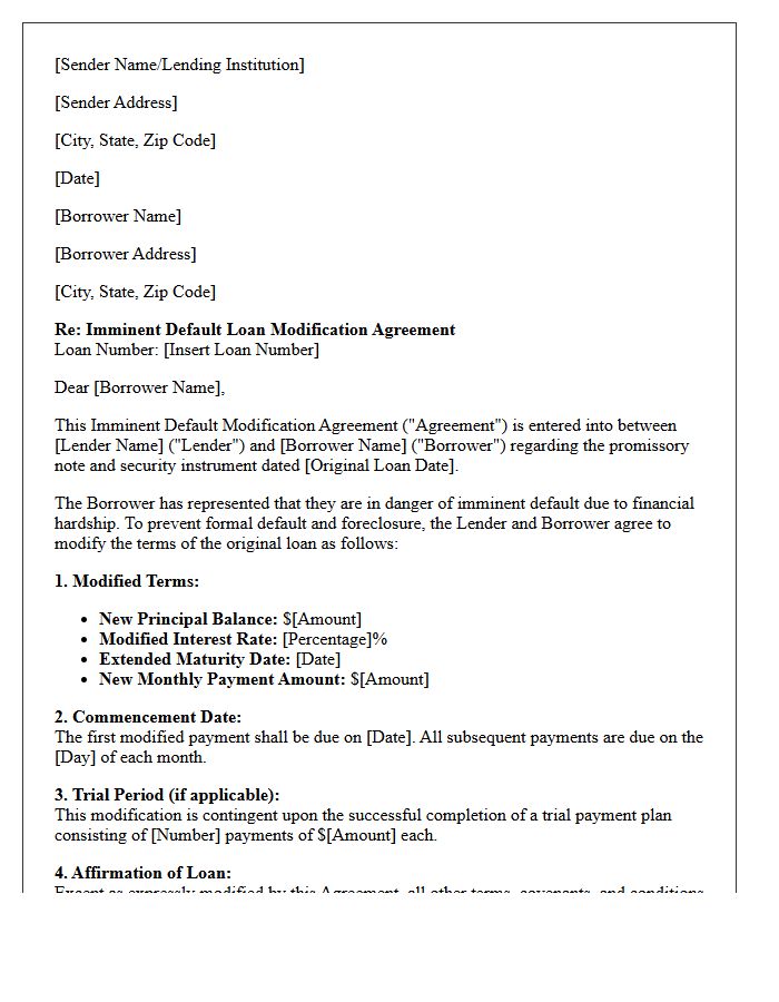 Imminent Default Modification Agreement Letter