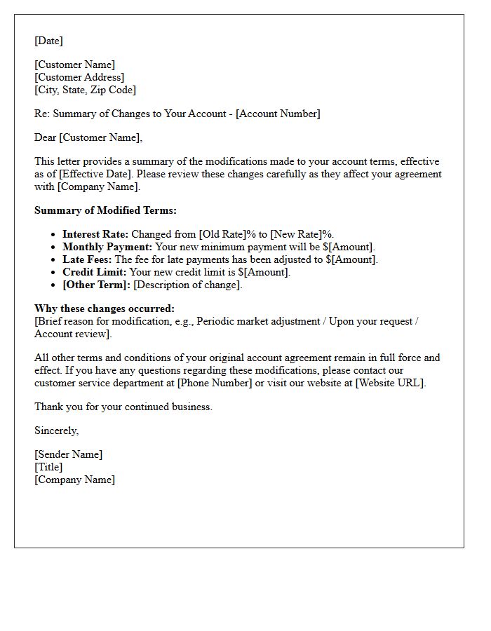 Modified Account Terms Summary Letter