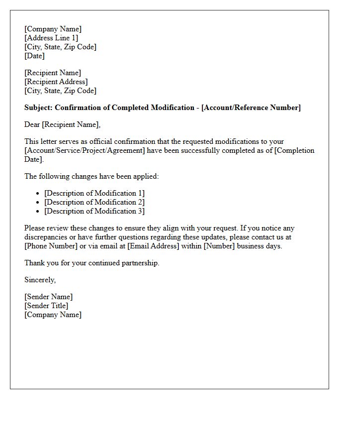 Post-Modification Confirmation Letter
