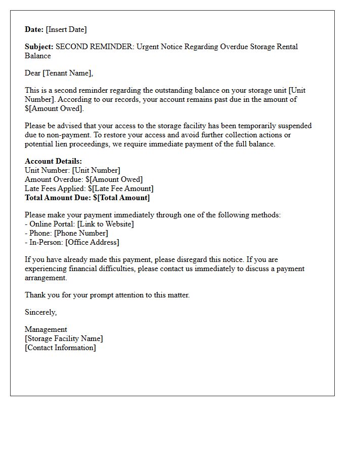 Account Suspension Second Reminder Letter For Overdue Storage Rentals