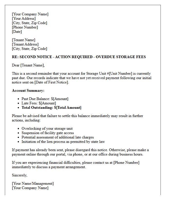 Action Required Second Reminder Letter For Overdue Storage Fees
