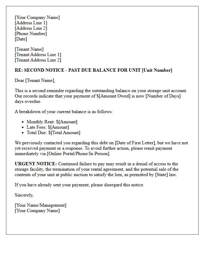 Debt Collection Second Reminder Letter For Storage Unit Balances