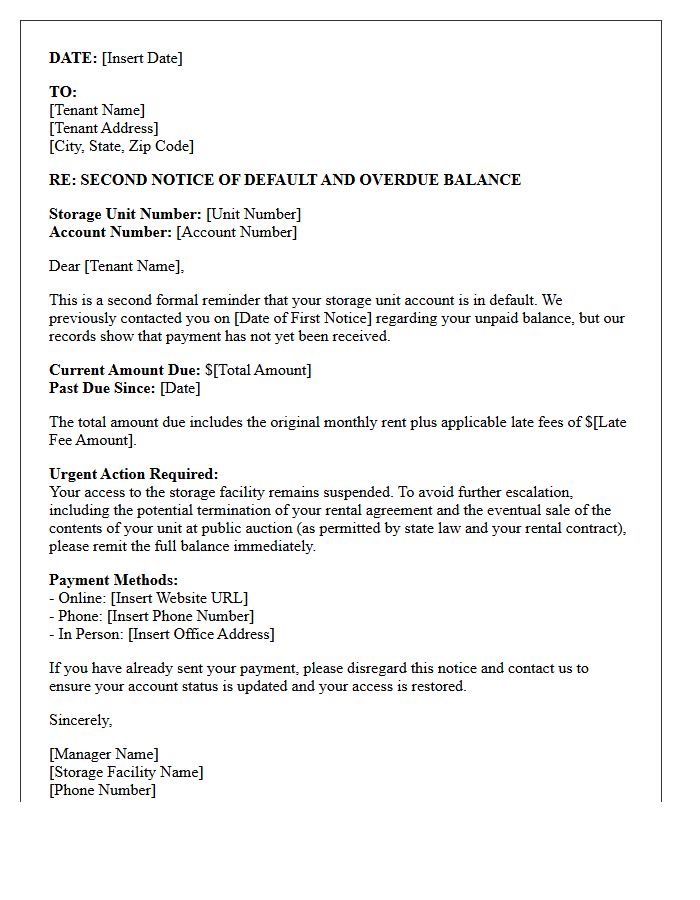 Default Notice Second Reminder Letter For Storage Unit Contracts