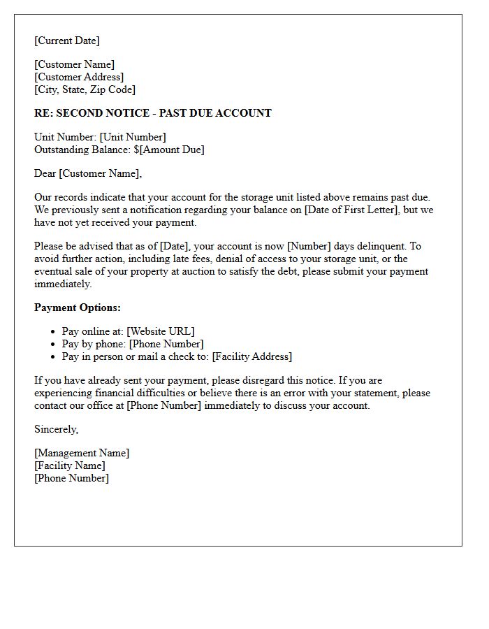 Delinquent Account Second Reminder Letter For Storage Facility Debt