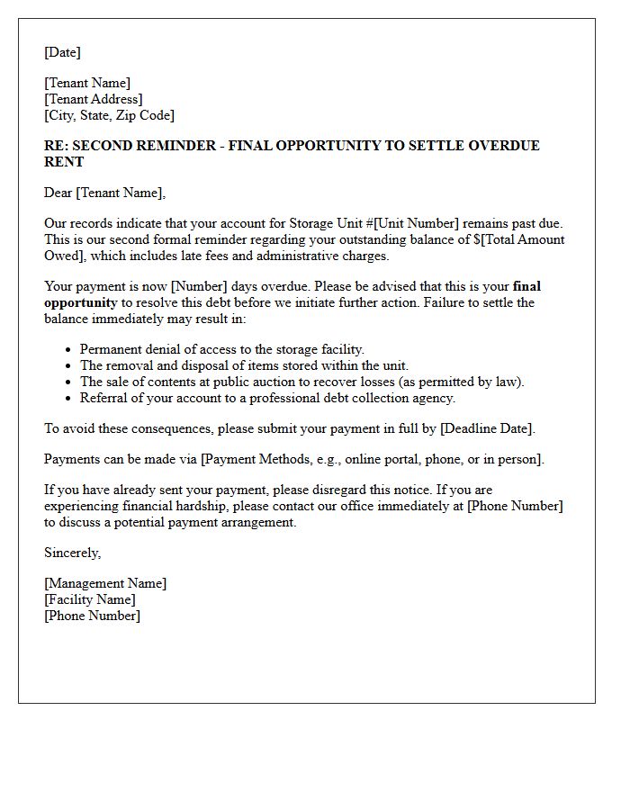 Final Opportunity Second Reminder Letter For Overdue Storage Rentals