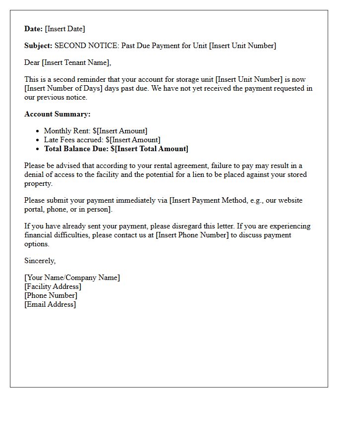 Late Payment Second Reminder Letter For Storage Unit Accounts