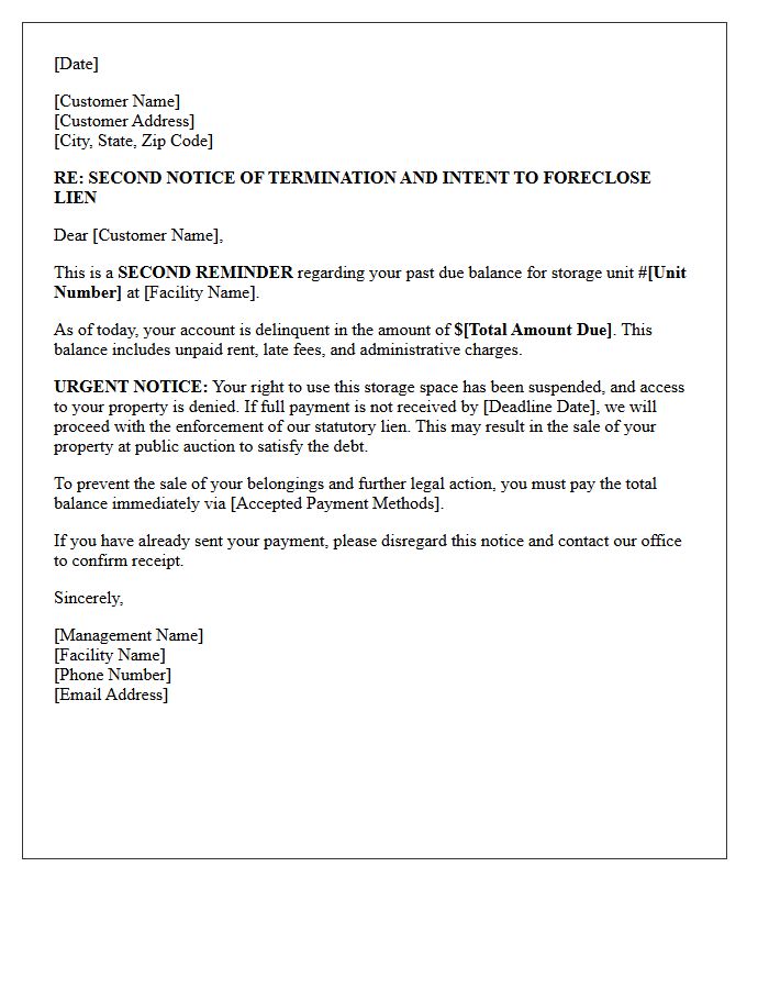 Lien Warning Second Reminder Letter For Storage Unit Debt