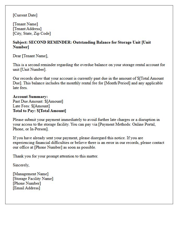 Outstanding Balance Second Reminder Letter For Storage Rentals
