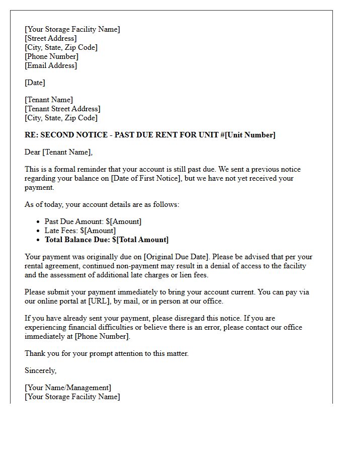 Past Due Second Reminder Letter For Storage Facility Rentals