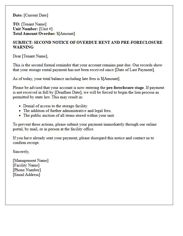 Pre-Foreclosure Second Reminder Letter For Overdue Storage Rentals