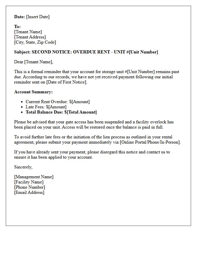 Standard Second Reminder Letter For Overdue Storage Unit Rentals