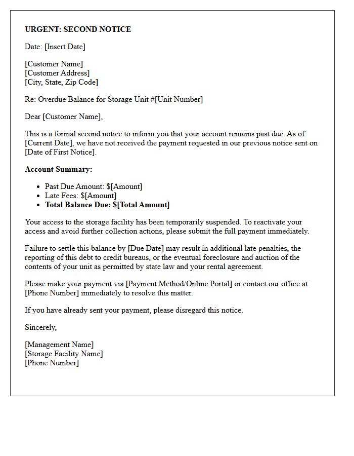 Urgent Second Notice Letter For Unpaid Storage Unit Fees