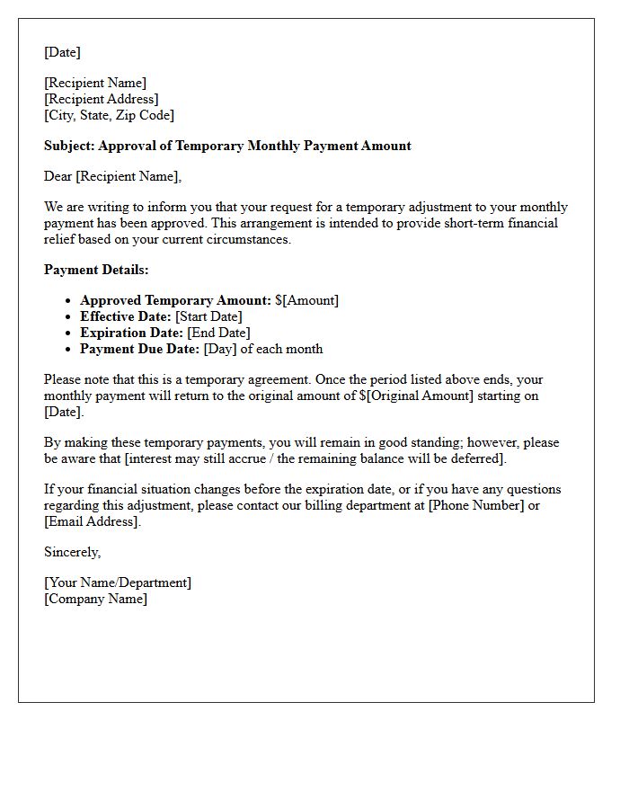 Approved Temporary Monthly Payment Amount