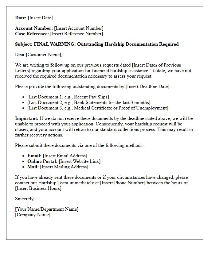 Final Warning for Outstanding Hardship Documentation Letter